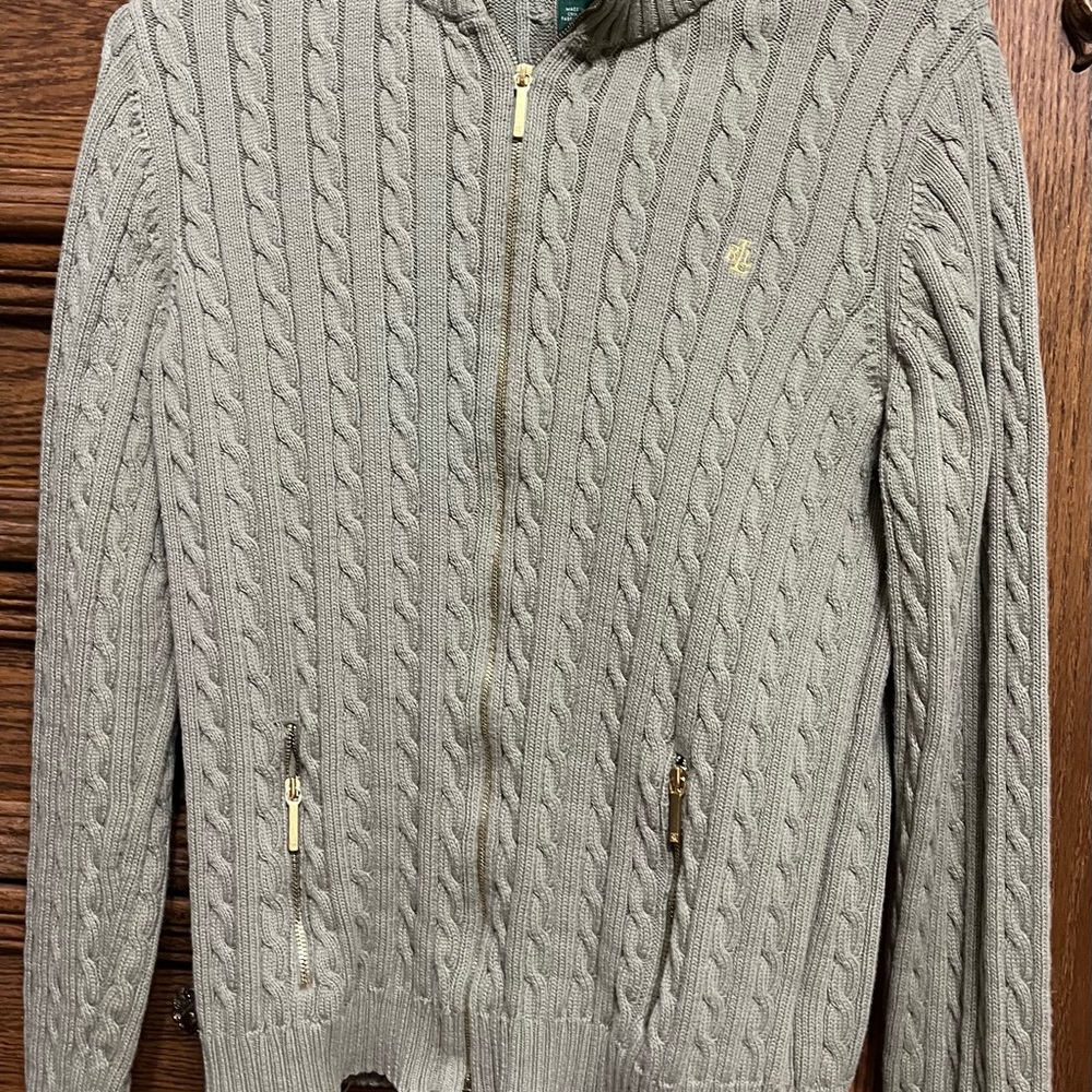 Lauren Ralph Lauren womens olive green Large zip up sweater, smoke free